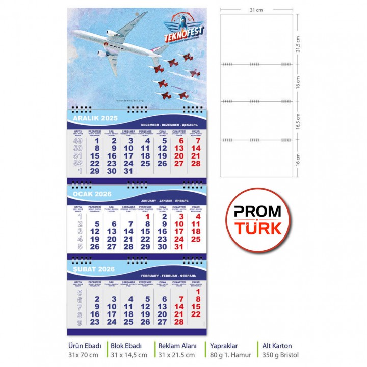Toptan Promosyon Orta Boy 3 Aylık Gemici Takvimi 